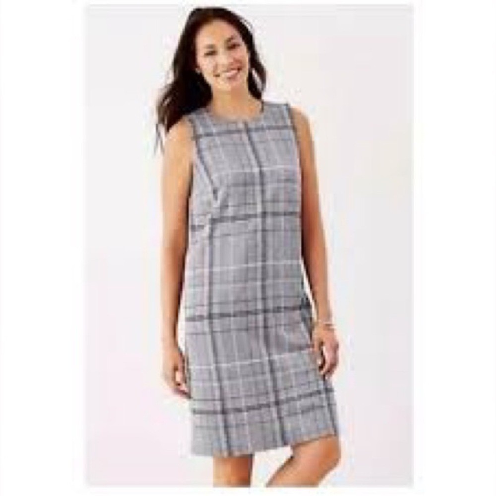 Grey Plaid Sleeveless Shift Dress with Pockets Round‎ Neck Knee Length Workwear